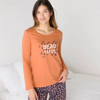 Dámské pyžamo Blancheporte Pyžamové tričko s dlouhými rukávy a středovým potiskem Beautiful měděná 34/36