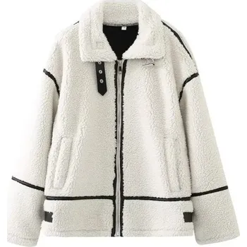 Dámská bunda Bílá dámská zimní bunda z umělé kožešiny Oversize kabát na zip s límcem Teplá podzimní bunda s kapsami Stylová plyšová bunda M