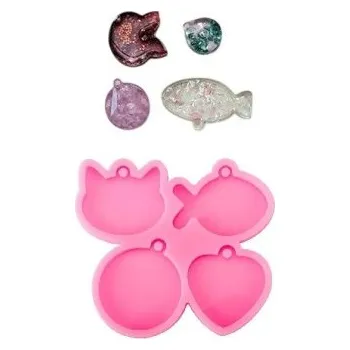 Růžová silikonová forma 4 tvary Kočka Ryba Kolečko Srdce 9,5 x 8,5 cm na odlévání pryskyřice Výroba přívěsků klíčenek dekorací a ozdob