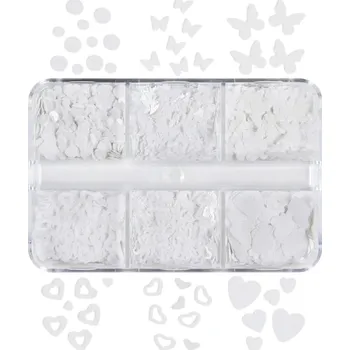 Flitry 3-4g Sada 6 různých tvarů Barevné dekorační flitry na nehty, tvoření, scrapbooking, slime, šperky a DIY ozdoby bílá