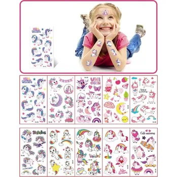 Tetovací strojek Dočasné tetování 10 archů 12 x 7 cm Jednorožci s duhou a hvězdami Tetovací samolepky pro děti na kůži