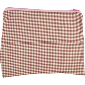 Cestovní taška Dámská kostkovaná kosmetická taška 21 x 17 cm Bavlněné a lněné cestovní psaníčko na make-up Velkokapacitní úložná kabelka se zipem růžová