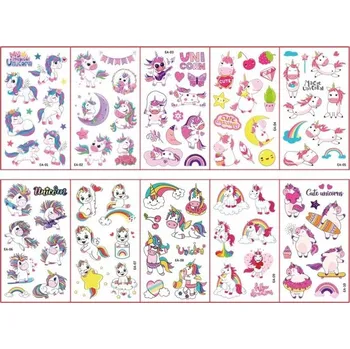 Tetovací strojek Sada 10 archů dočasných tetování 12 x 7 cm s roztomilými jednorožci duhou a hvězdičkami barevné tetovací samolepky pro děti