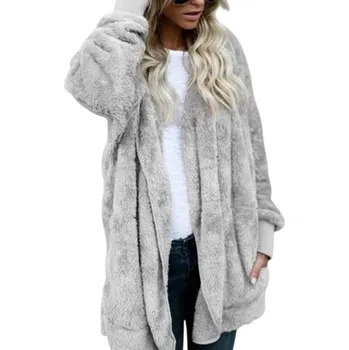 Dámské oblečení Dámská teplá plyšová bunda s kapucí Oversize fleecový kardigan Podzimní huňatý přehoz s dlouhým rukávem Měkký kabát s kapucí šedá M