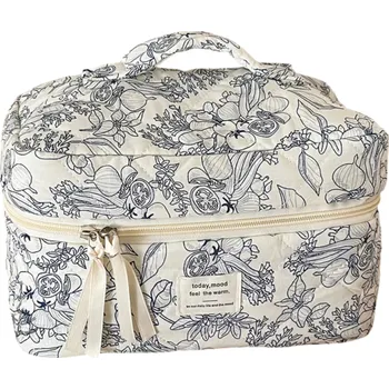 Cestovní taška Vintage květinová kosmetická taška 25 x 16 x 15 cm Dámský bavlněný make-up organizér se zipem Přenosná prošívaná cestovní kabelka na toaletní potřeby