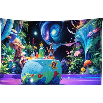 Kreslený gobelín na zeď 150 x 100 cm Závěsná tapiserie Houbový les Abstraktní krajina Bohémský autobus Dekorace Ložnice Obývací pokoj