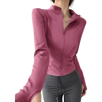 Dámská casual bunda Dámská sportovní bunda na zip Přiléhavý střih Otvory na palce Rychleschnoucí materiál Pohodlné nošení Fitness oblečení Trénink tmavě růžová XL