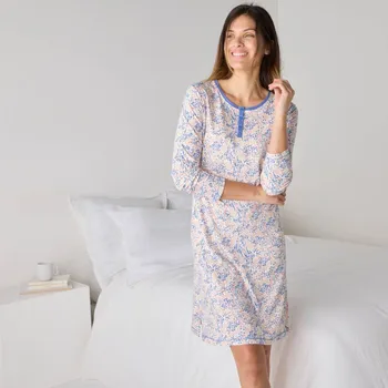 Dámská noční košile Blancheporte Noční košile s dlouhými rukávy a potiskem ptáčků režná/modrá 46/48
