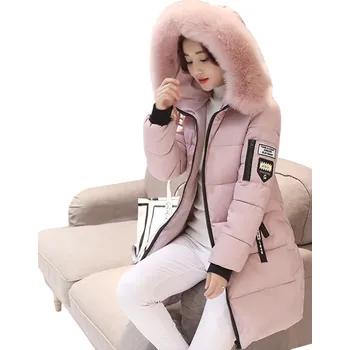 Dámská casual bunda Zimní dámská bunda s kapucí s umělou kožešinou Prošívaná teplá parka Dlouhá bunda s kapsami Elegantní kabát do chladného počasí růžová S