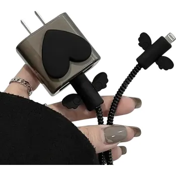 Datový kabel Sada silikonových doplňků na iPhone nabíječku srdce Ochrana kabelu Nabíjecí kryt Přepěťová ochrana Nabíjecí lanko Černý design