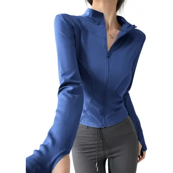 Dámská casual bunda Dámská sportovní bunda na zip Přiléhavý střih Otvory na palce Rychleschnoucí materiál Pohodlné nošení Fitness oblečení Trénink tmavě modrá M