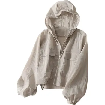 Dámská casual bunda Dámská tenká bunda s kapucí Rychleschnoucí větrovka Voděodolná bunda do města UV ochrana Lehká jarní bunda s kapsami na zip šedá L