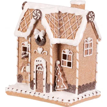 Domeček perníkový s panáčkem - polyresin, LED osvětl., hnědo-bílý - PES010