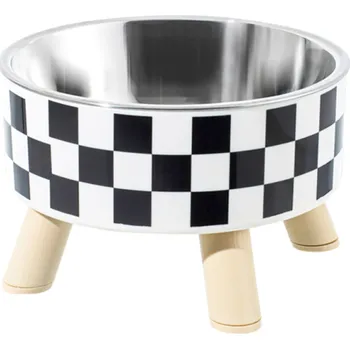 Miska pro psa Nerezová miska pro kočky a psy s černobílým kostkovaným vzorem 14 cm s protiskluzem na dřevěných nohách Výška 9 cm Designová miska pro mazlíčky