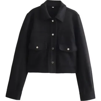 Dámská casual bunda Dámská přechodová bunda se zapínáním na druky Stylová bunda do pasu s límcem Elegantní kabát s kapsami Jarní a podzimní sako černá XS