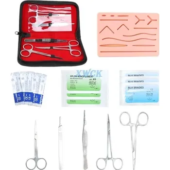 Zubní nit Sada pro nácvik chirurgického šití kůže 17 ks s nástroji a silikonovou podložkou 18,7x11,7x1,1 cm výuková pomůcka pro studenty medicíny