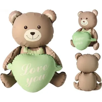 Karnevalový doplněk Fóliový balonek 105,5 x 66,5 cm ve tvaru medvídka se srdcem s nápisem Love you Romantická dekorace na oslavu či Valentýna zelená