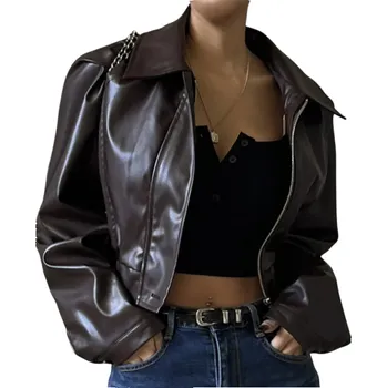 Dámské oblečení Krátká dámská bunda z umělé kůže Elegantní podzimní sako na druky Módní bunda do pasu Stylový kabát s kapsami Moderní střih hnědá L