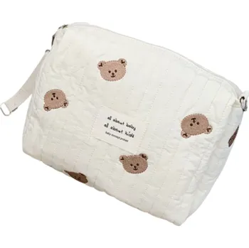 Cestovní taška Přenosná bavlněná taška na plenky 25 x 16 x 8 cm Úložná taška se zipem Výšivka vzor medvídci Organizér na hygienické vložky a kosmetiku