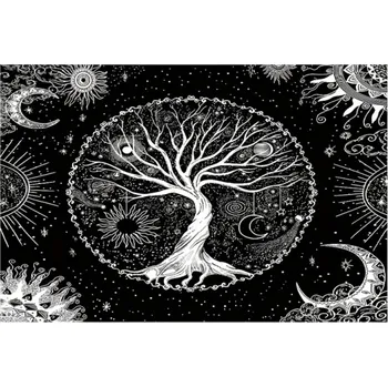 Černá bohémská tapiserie Strom života Slunce Měsíc Látková nástěnná dekorace Bytový doplněk Pozadí na zeď Pratelná v pračce
