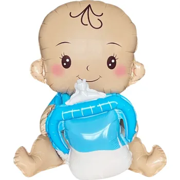 Karnevalový doplněk Fóliový balónek 40 x 50 x 27 cm ve tvaru miminka s láhví na mléko Dekorace na oslavu narození dítěte a baby shower party modrá