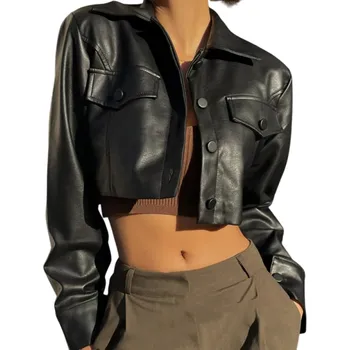 Krátká dámská bunda z umělé kůže Elegantní podzimní sako na druky Módní bunda do pasu Stylový kabát s kapsami Moderní střih černá S