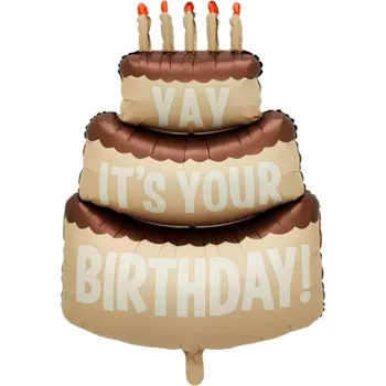Karnevalový doplněk Fóliový balonek 102,5 x 63 cm ve tvaru třípatrového béžového dortu s hnědou polevou pěti svíčkami a narozeninovým nápisem