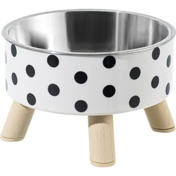 Miska pro psa Nerezová miska pro kočky a psy s puntíkovaným vzorem na dřevěných nohách Průměr 14 cm Výška 9 cm Designová miska pro domácí mazlíčky