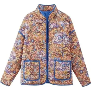 Dámská bunda Dámská prošívaná bunda s barevným květinovým vzorem Jarní kabátek s kapsami a modrým lemováním Lehká bunda s dlouhým rukávem S