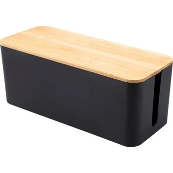 Úložný box Organizér na kabely s bambusovým víkem, rozměr 32 x 13,5 cm, bílý nebo černý plast černá