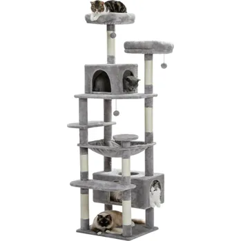 Toaleta pro kočku Kočičí věž a škrabadlo 164x40x48 cm Vnitřní strom pro kočky Houpací síť Škrabadla se sisalem Polstrované pelíšky Víceúrovňový odpočinek šedá