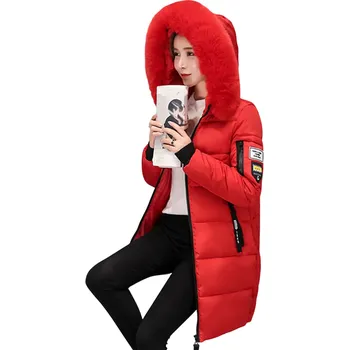 Dámská bunda Zimní dámská bunda s kapucí s umělou kožešinou Prošívaná teplá parka Dlouhá bunda s kapsami Elegantní kabát do chladného počasí červená L