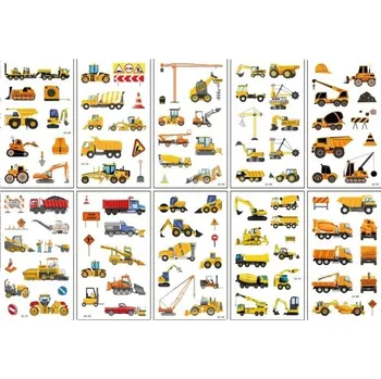 Tetovací strojek Sada 10 archů dočasných tetování se stavebními stroji bagry jeřáby nákladními auty a dopravním značením samolepky na tělo