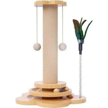 Toaleta pro kočku Stabilní dřevěná hračka se škrabadlem, otočným talířem a tyčinkami pro chytání podporuje pohyb, zábavu i zdravé broušení drápků.