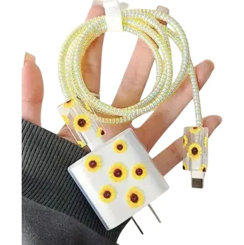 Datový kabel Silikonový ochranný obal na nabíječku a kabely s květinovým motivem Průhledný kryt se slunečnicemi Ochrana pro iPhone