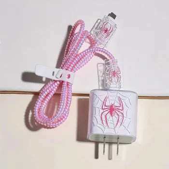 Datový kabel Silikonový ochranný obal na nabíječku a kabely s motivem pavučiny Průhledný kryt s barevným pavoukem Ochrana pro iPhone příslušenství růžová