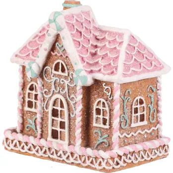 Domeček perníkový - polyresin, LED osvětl., hnědý s barevným zdobením - PEK505