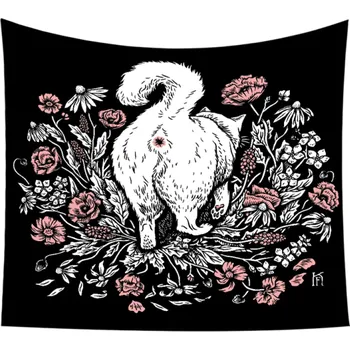 Samolepící dekorace Bohémská tapiserie s motivem kočky a květin Závěs na zeď Boho dekorace do ložnice a obýváku Pratelná Voděodolná Odpuzující nečistoty