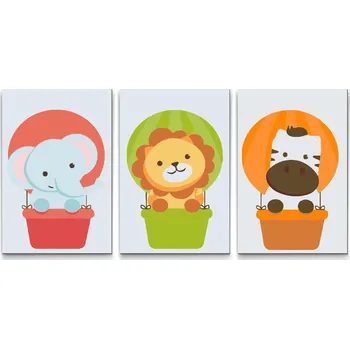 Malování podle čísel - Zvířátka v balonu (sada 3 pláten) Velikost: 3ks 20x30cm, Rámování: Pouze srolované plátno