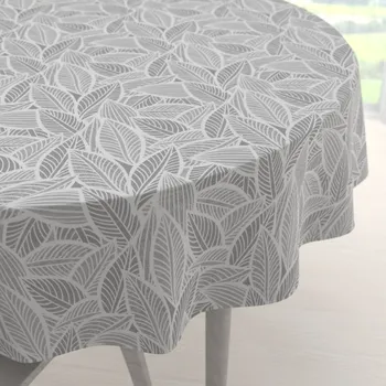 ubrus Velký dekorační kulatý ubrus Leona LN-169 Bílé listy na šedém Ø 150 cm