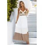 Dlouhé šaty na ramínka s háčkovaným topem – boho styl 612-1 Barva: Světle Hnědá, Velikost: ONE SIZE