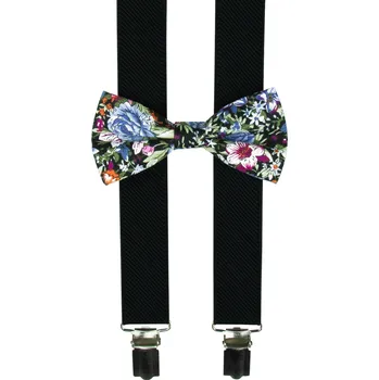 Kšandy Černé dětské kšandy s bavlněným květovaným motýlkem