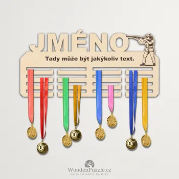 věšák na medaile WoodenPuzzle.cz Věšák na medaile - sportovní střelba brokovnice - žena Velikost: 30 cm
