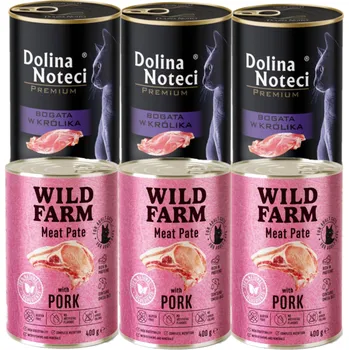 Krmivo pro kočku Dolina Noteci Premium bohatá na králíka 3x400g + WILD FARM Pate Pork 3x400g – bezlepkové krmivo pro kočky