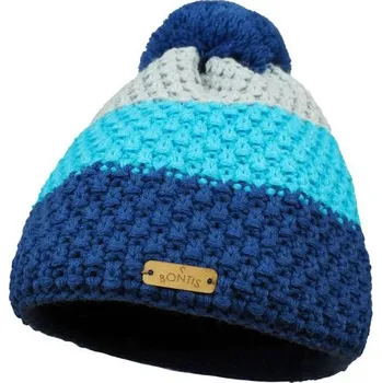 Čepice Bontis Dětská trojbarevná pletená zimní čepice s bambulí - Džínová / tyrkysová / šedá | uni dětská