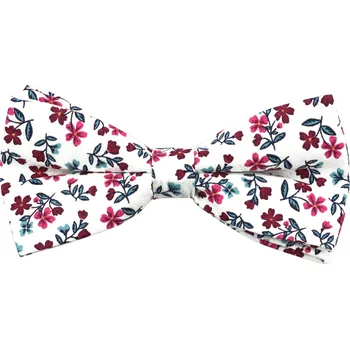 Motýlek Bílý dětský bavlněný motýlek s vínově růžovými kvítky