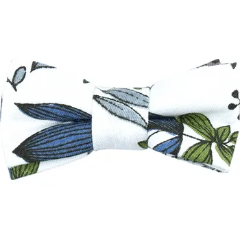 Motýlek Bílý MINI dětský motýlek s šedo zelenými lístky