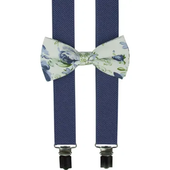 Kšandy Modré denim dětské kšandy s bavlněným květovaným motýlkem