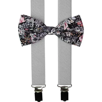 Kšandy Světle šedé pánské kšandy s bavlněným květovaným motýlkem