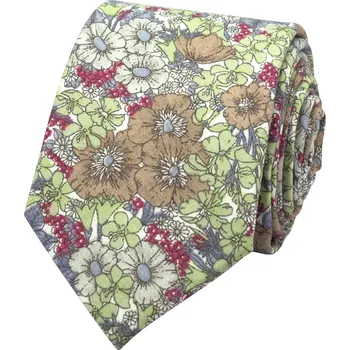 Kravata Hnědo zelená pánská bavlněná kravata s květy